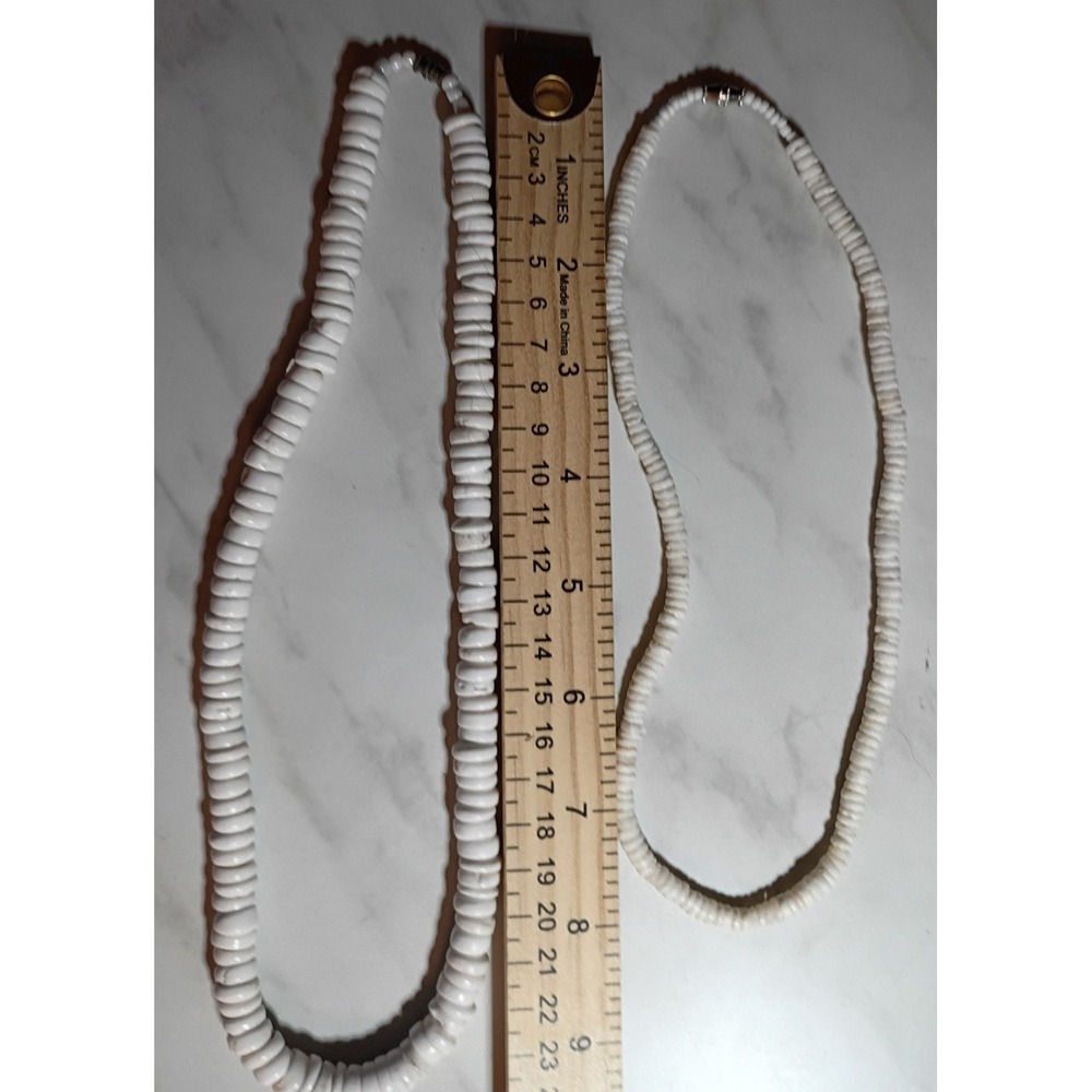 Vtg Jewelry White Puka Shell Necklace Set 2pc Beach Choker Barrel Clasp 16" 18"